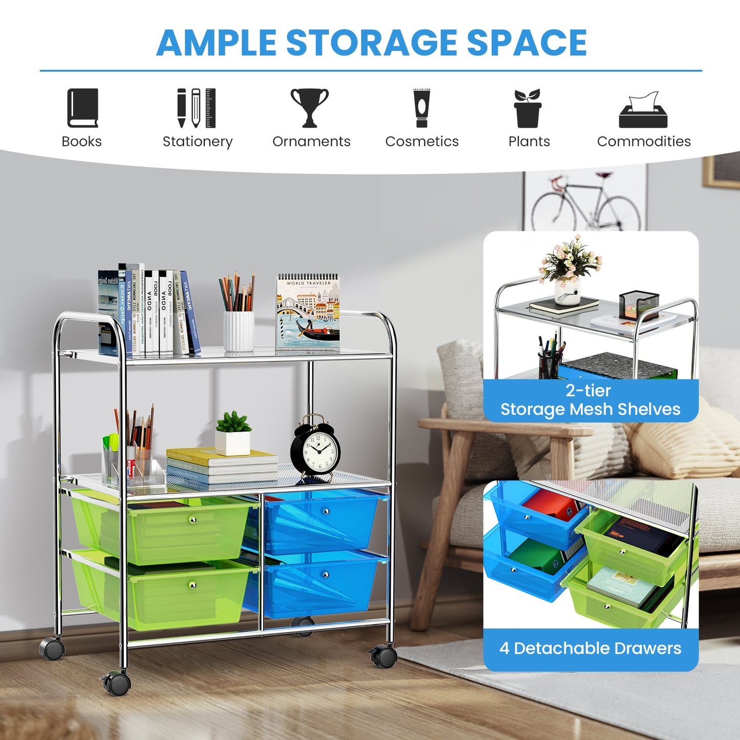 4 Drawers Shelves Rolling Storage Cart Rack-Black