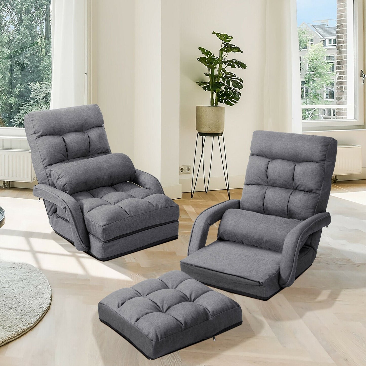 Folding Lazy Floor Chair Sofa with Armrests and Pillow-Blue