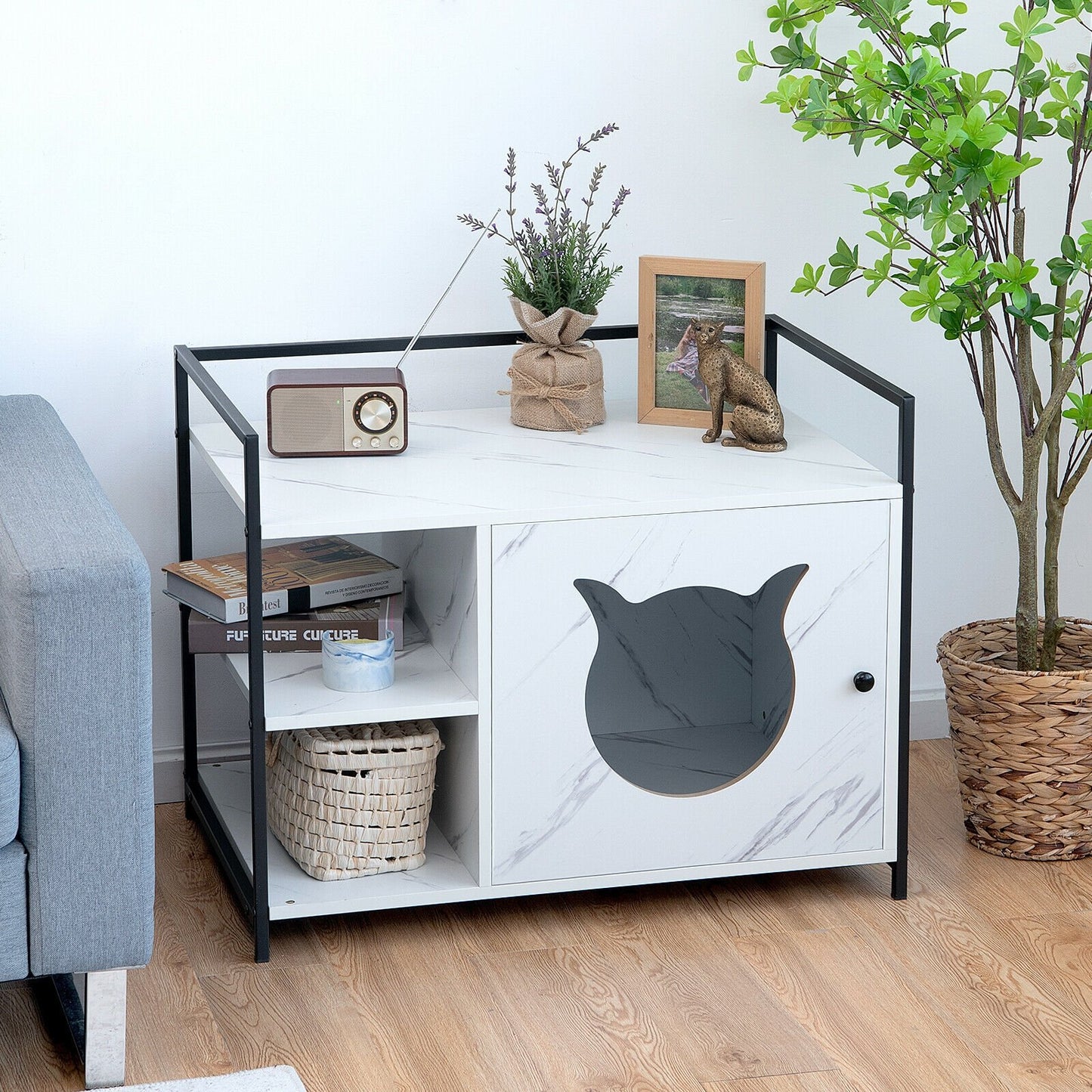 Enclosure Hidden Litter Furniture Cabinet with 2-Tier Storage Shelf-Gray