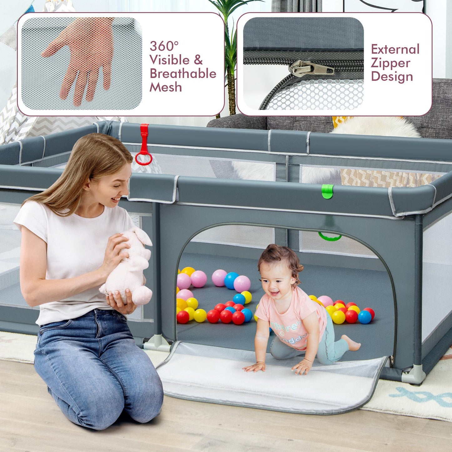 81 x 59 Inch Portable Baby Playpen with Ocean Balls and Handlebars-Black