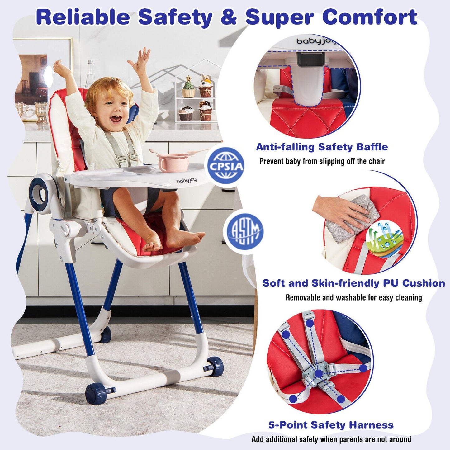 Baby High Chair Foldable Feeding Chair with 4 Lockable Wheels-Black