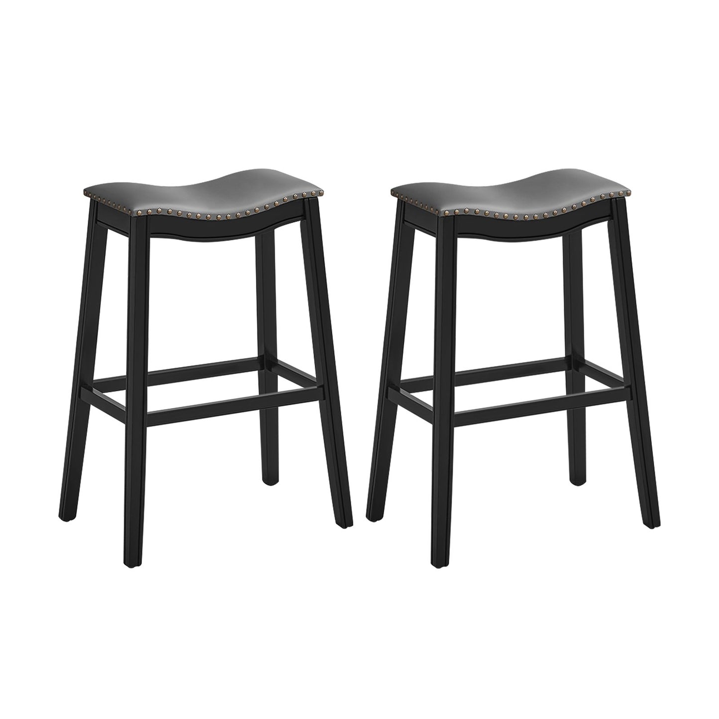 Set of 2 29 Inch Backless Wood Nailhead Barstools with PVC Leather Seat-Black