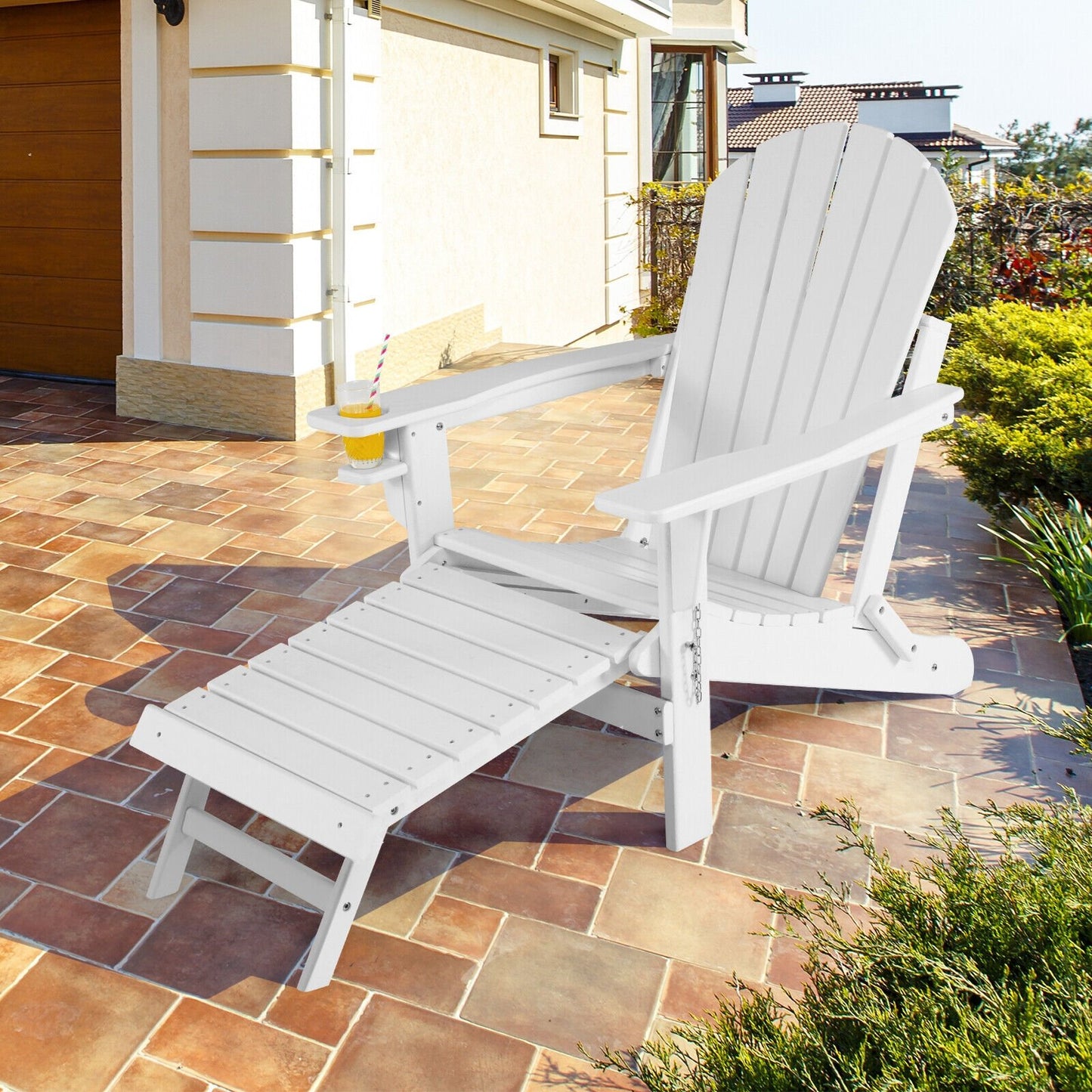 Patio All-Weather Folding Adirondack Chair with Pull-Out Ottoman-Black