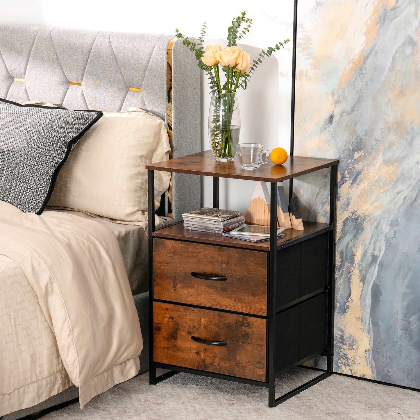 Freestanding Cabinet Dresser with Wooden Top Shelves-M