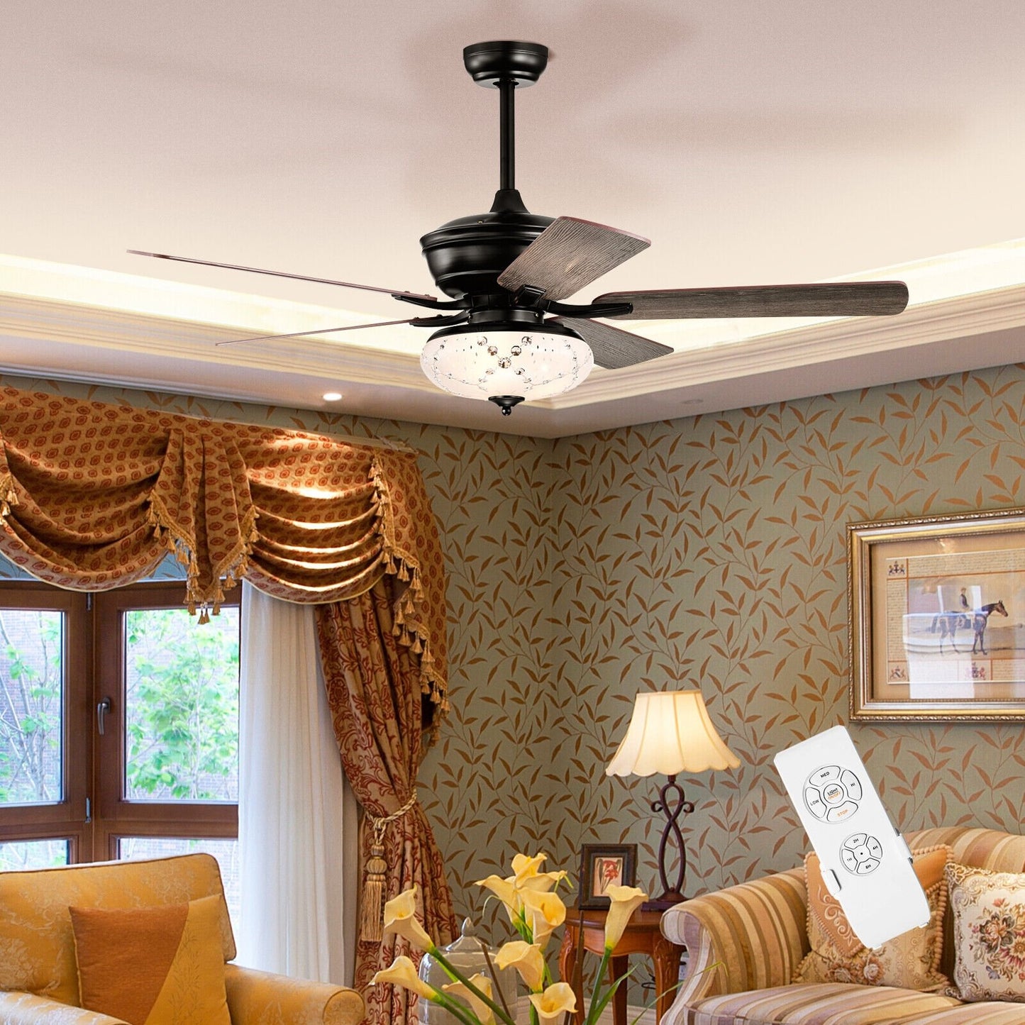 52 Inch Ceiling Fan with 3 Wind Speeds and 5 Reversible Blades-Black