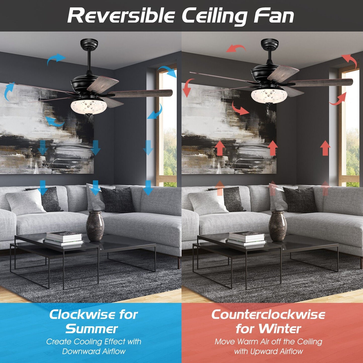 52 Inch Ceiling Fan with 3 Wind Speeds and 5 Reversible Blades-Black