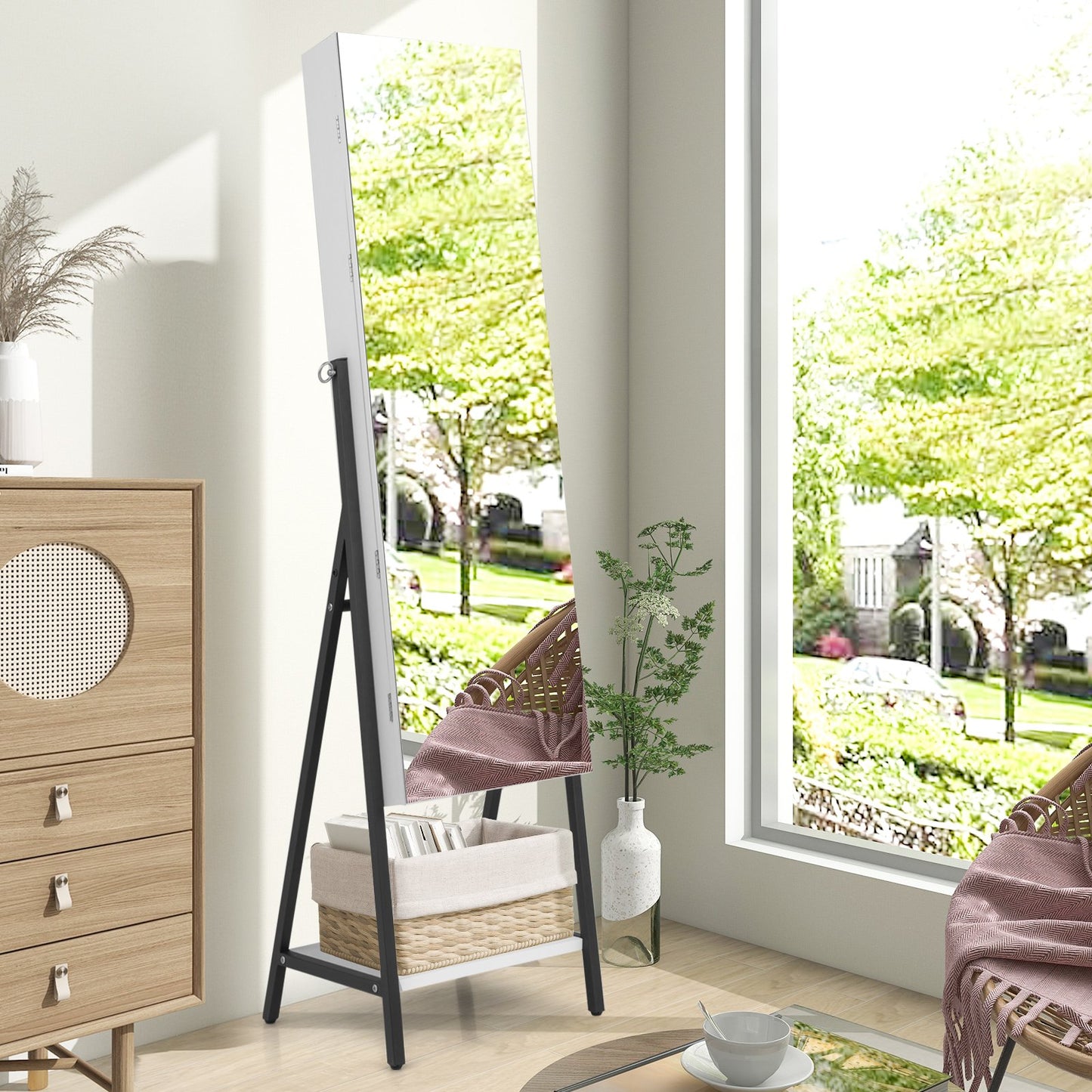 Freestanding Jewelry Cabinet with Full-Length Mirror-Rustic Brown