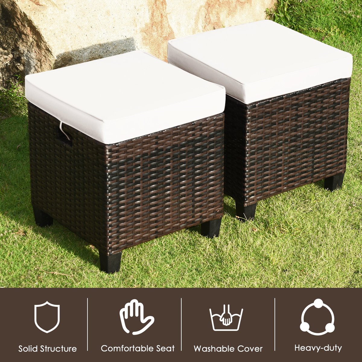 2 Pcs Patio Rattan Ottoman Cushioned Seat Foot Rest-Beige