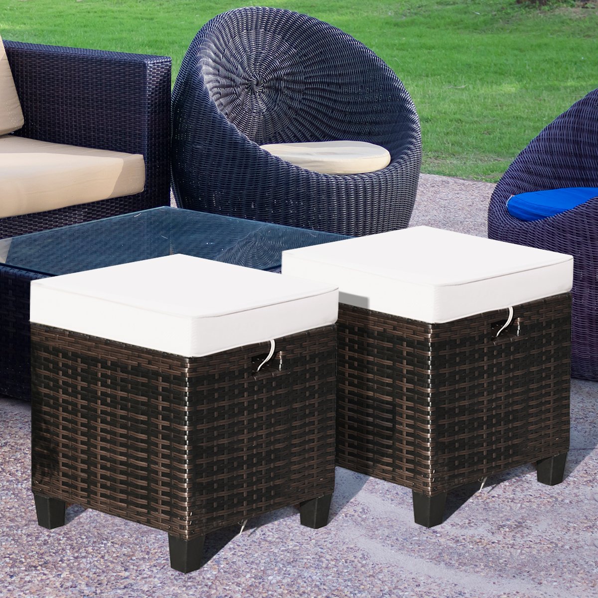 2 Pcs Patio Rattan Ottoman Cushioned Seat Foot Rest-Beige