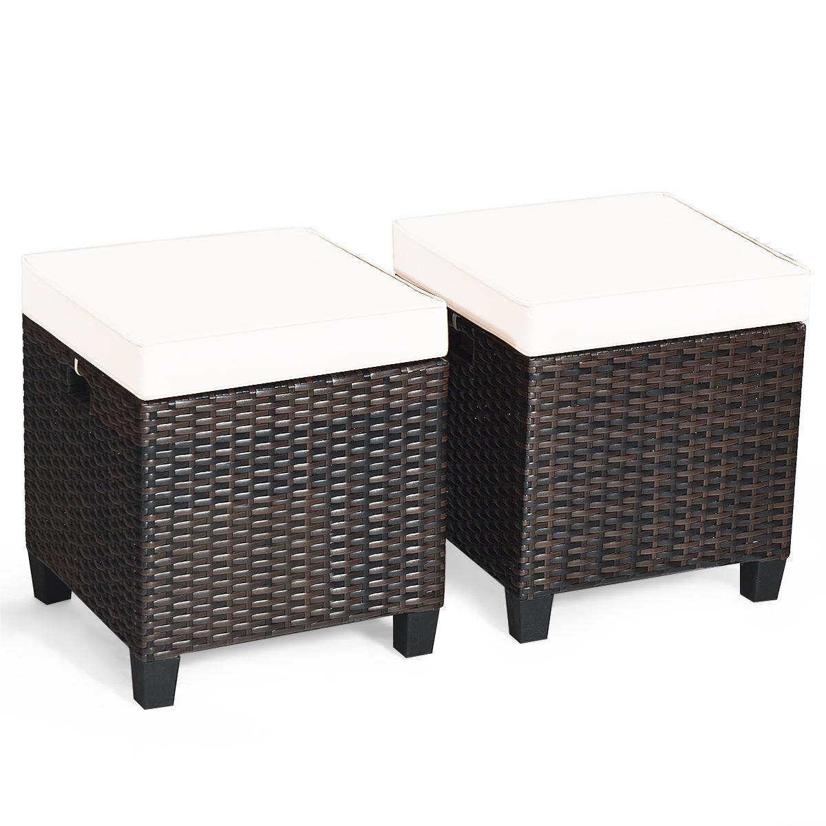 2 Pcs Patio Rattan Ottoman Cushioned Seat Foot Rest-Beige