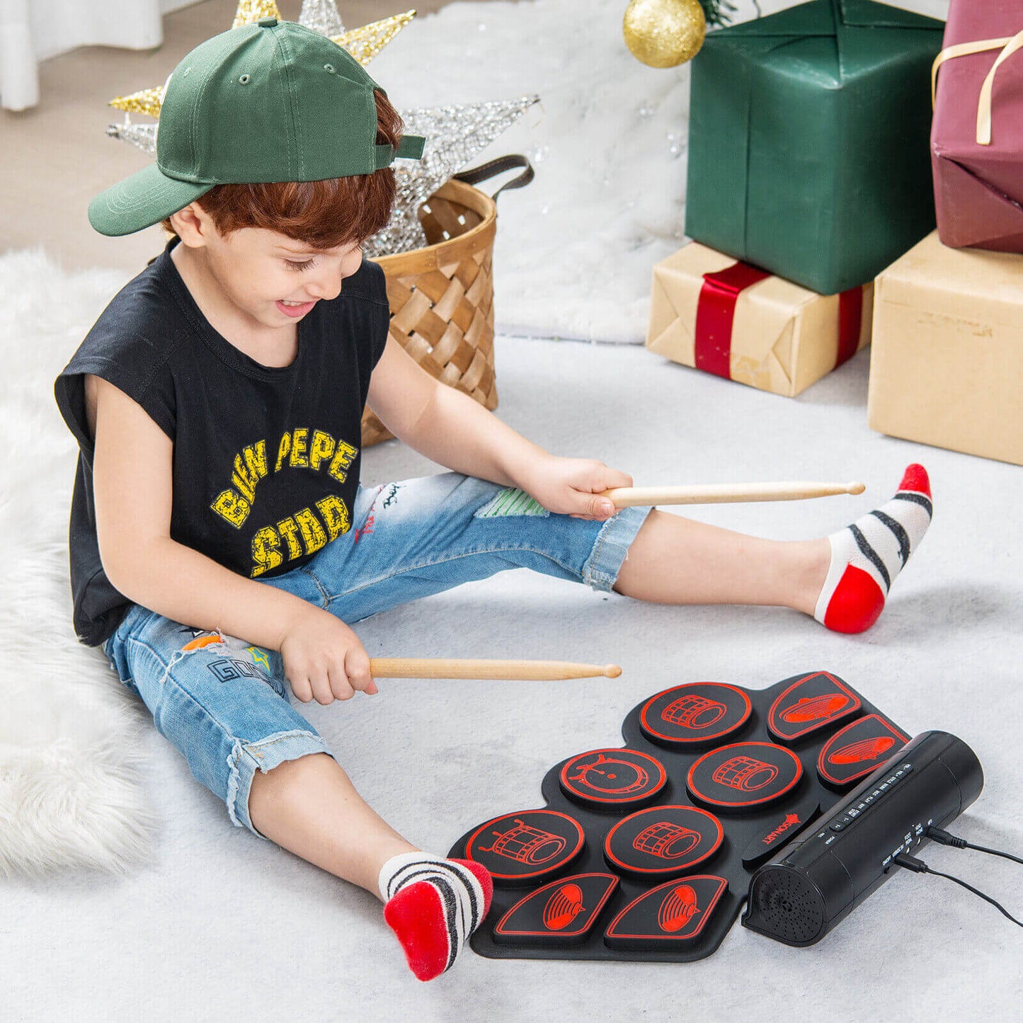 Electronic Drum Set with 2 Build-in Stereo Speakers for Kids-Green