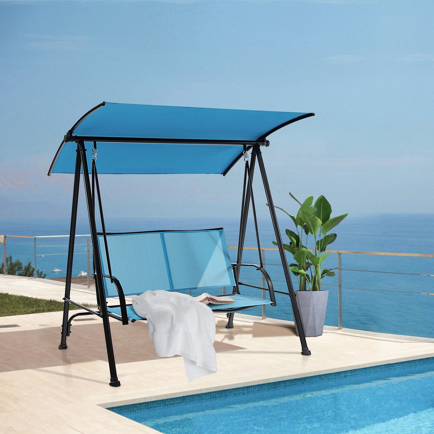 2-Seat Outdoor Canopy Swing with Comfortable Fabric Seat and Heavy-duty Metal Frame-Beige