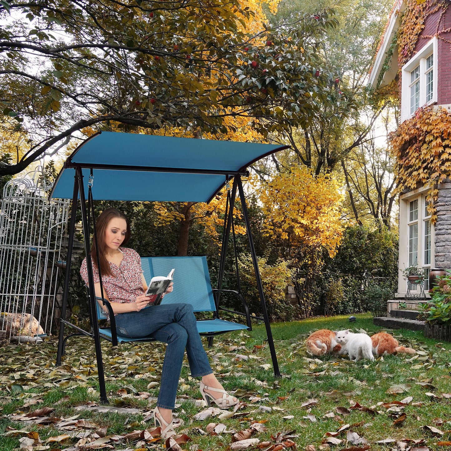 2-Seat Outdoor Canopy Swing with Comfortable Fabric Seat and Heavy-duty Metal Frame-Beige