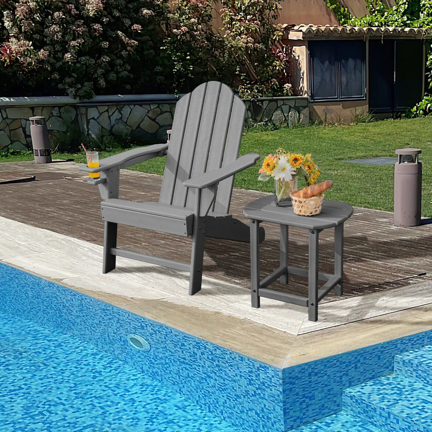 Outdoor Adirondack Chair with Built-in Cup Holder for Backyard Porch-Black