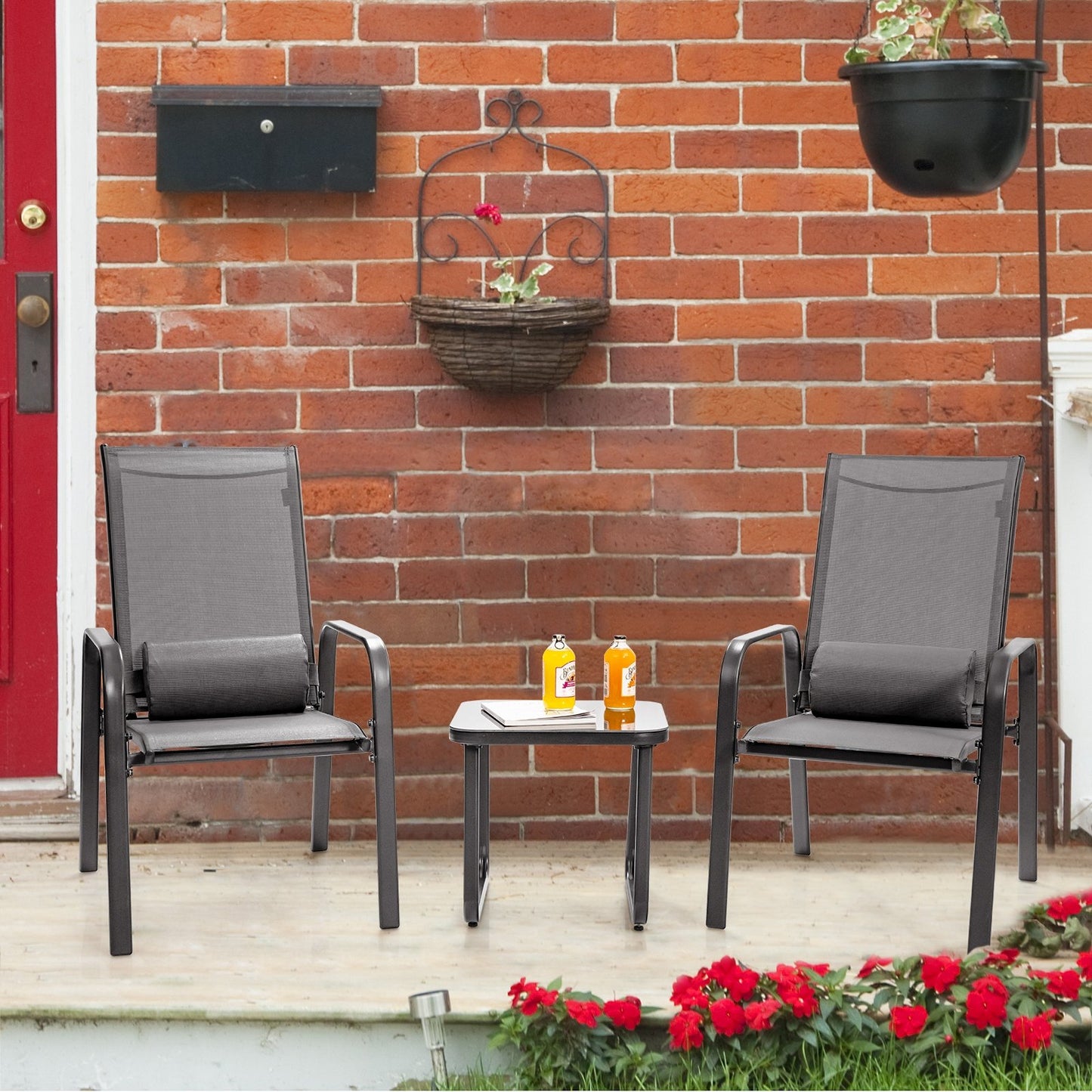 3 Pieces Patio Bistro Furniture Set with Adjustable Backrest-Black