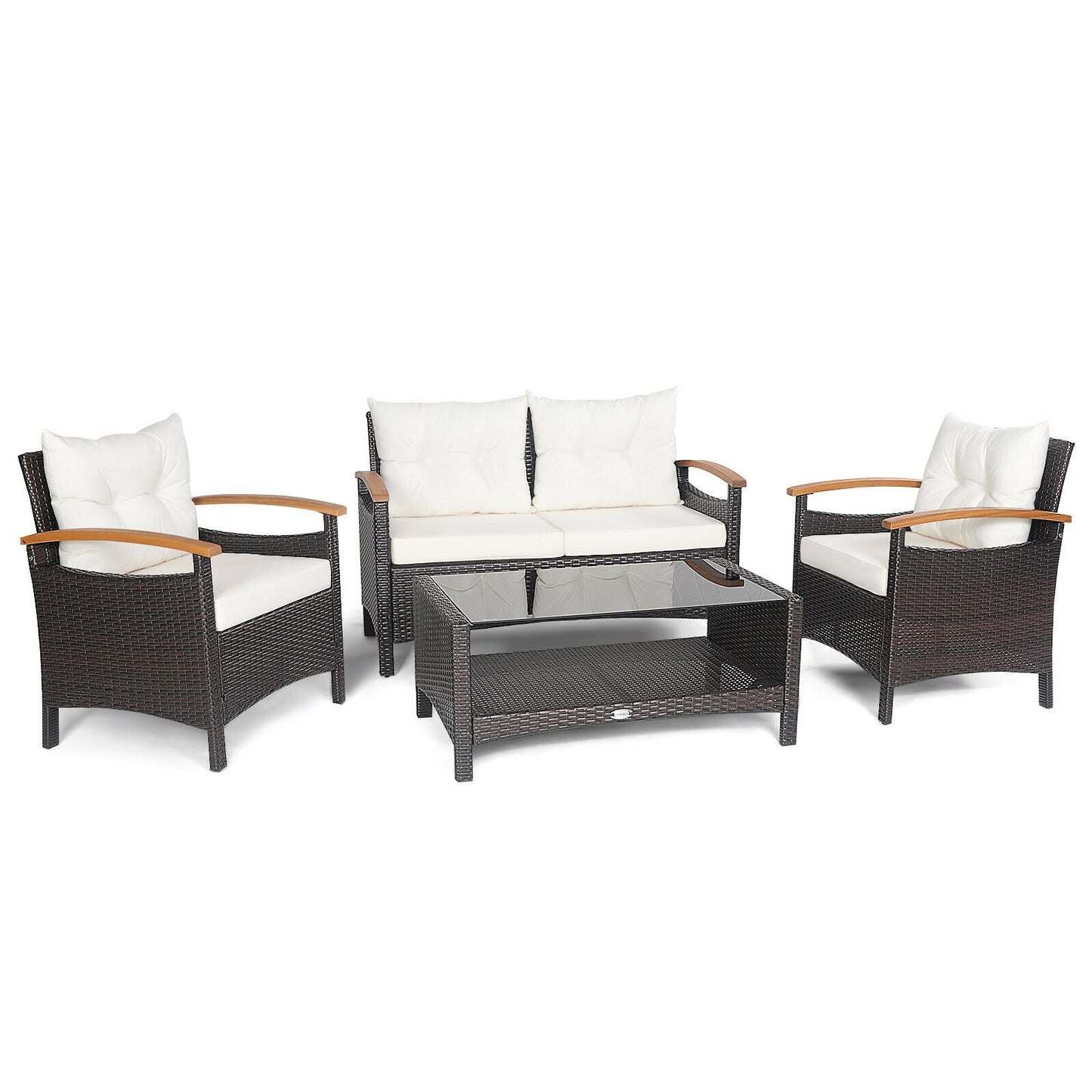 4 Pieces Patio Rattan Furniture Set with Cushioned Sofa and Storage Table-Navy