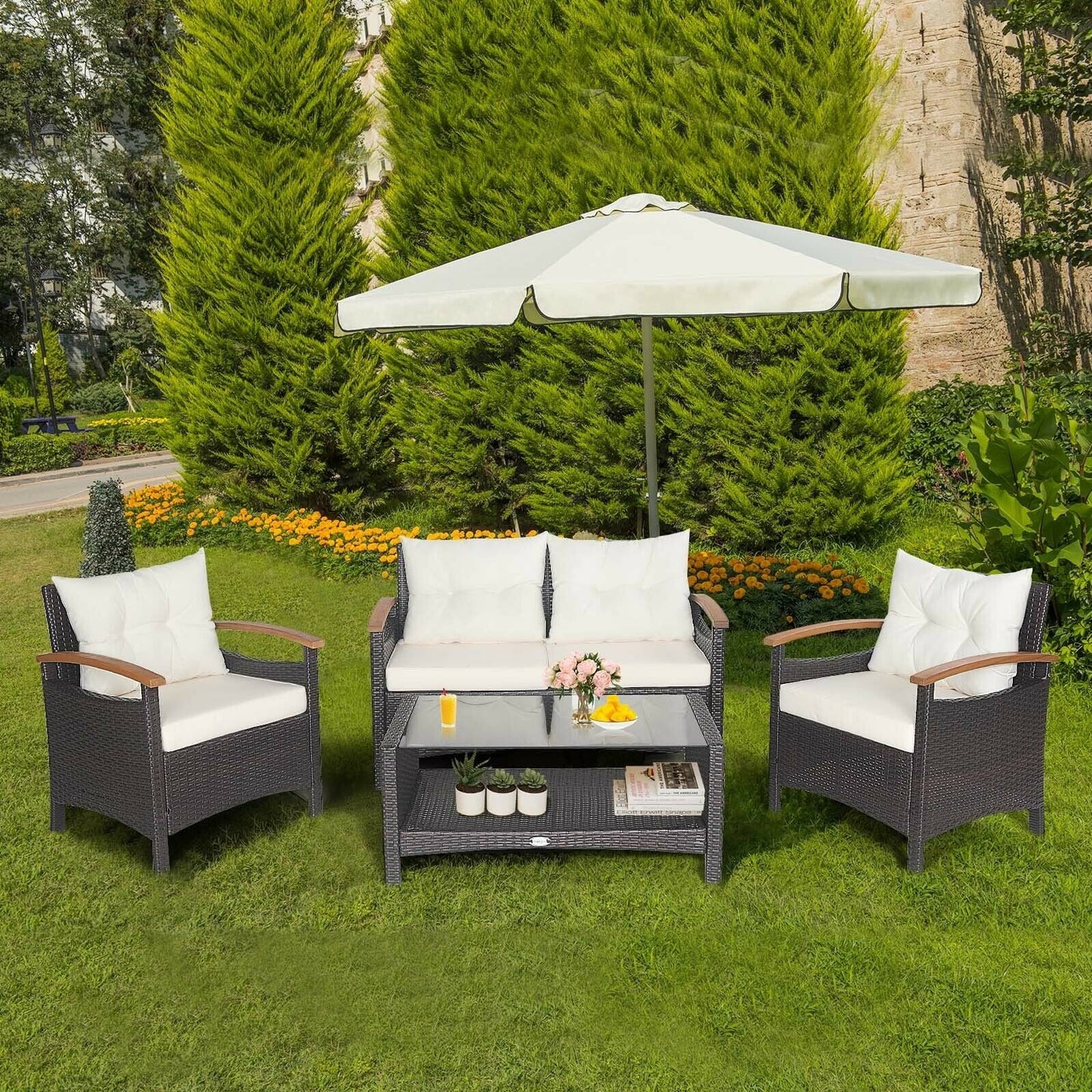 4 Pieces Patio Rattan Furniture Set with Cushioned Sofa and Storage Table-Navy