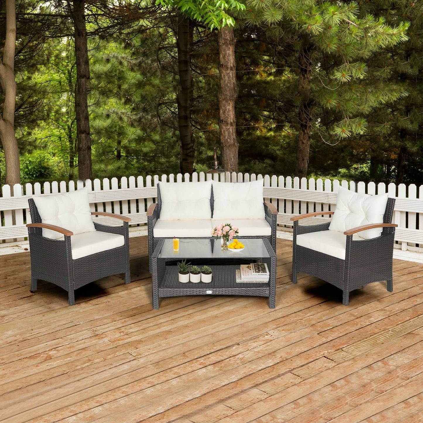 4 Pieces Patio Rattan Furniture Set with Cushioned Sofa and Storage Table-Navy