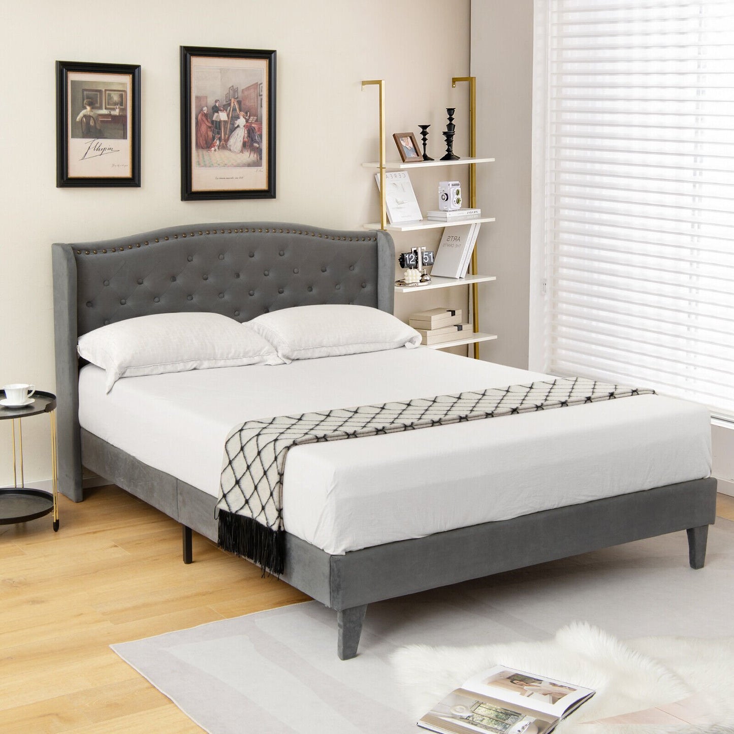 Full/Queen Size Upholstered Platform Bed Frame with Button Tufted Headboard-Queen Size
