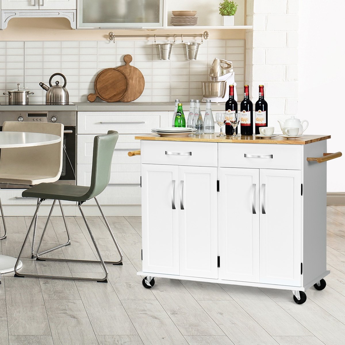 Wood Top Rolling Kitchen Trolley Island Cart Storage Cabinet-Black