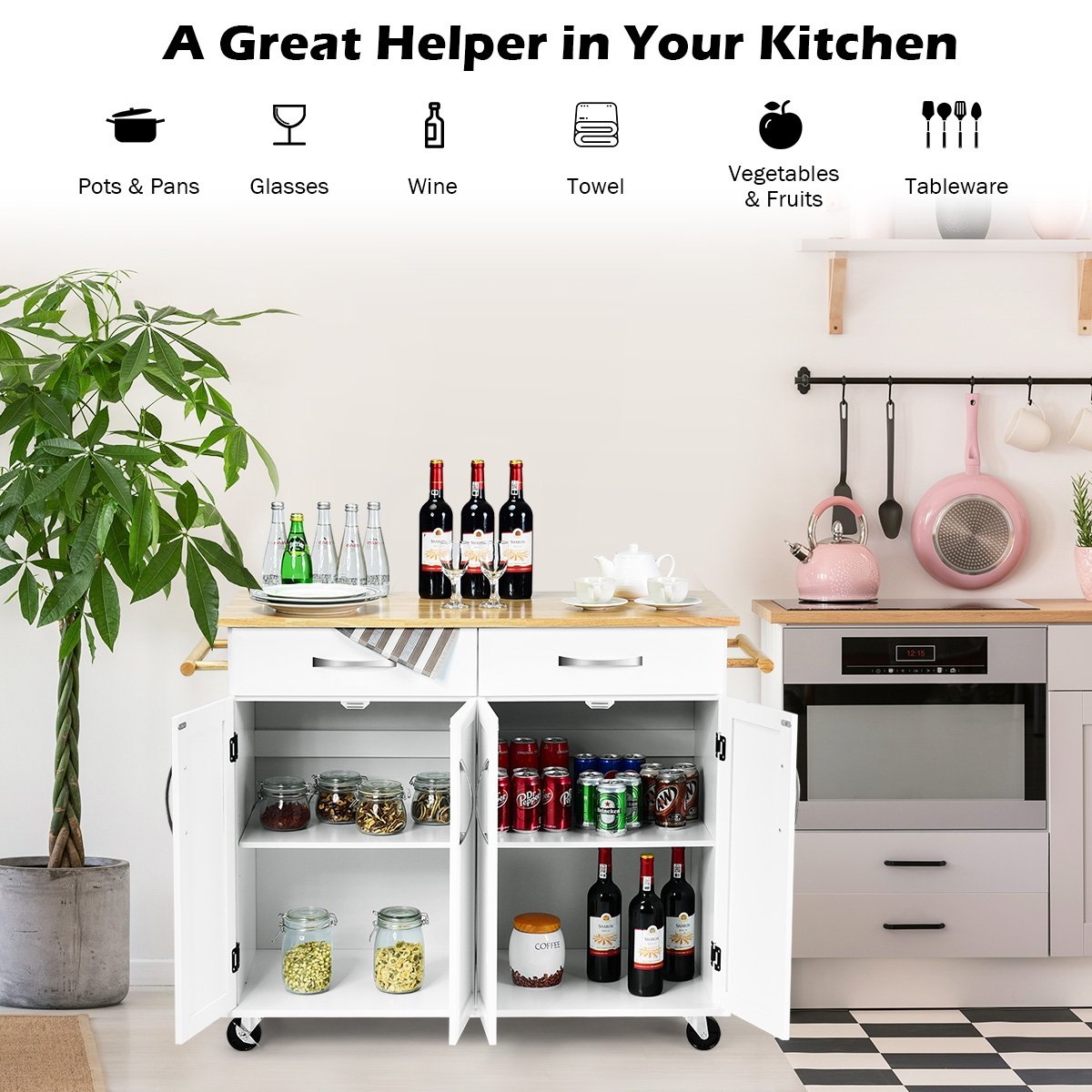 Wood Top Rolling Kitchen Trolley Island Cart Storage Cabinet-Black