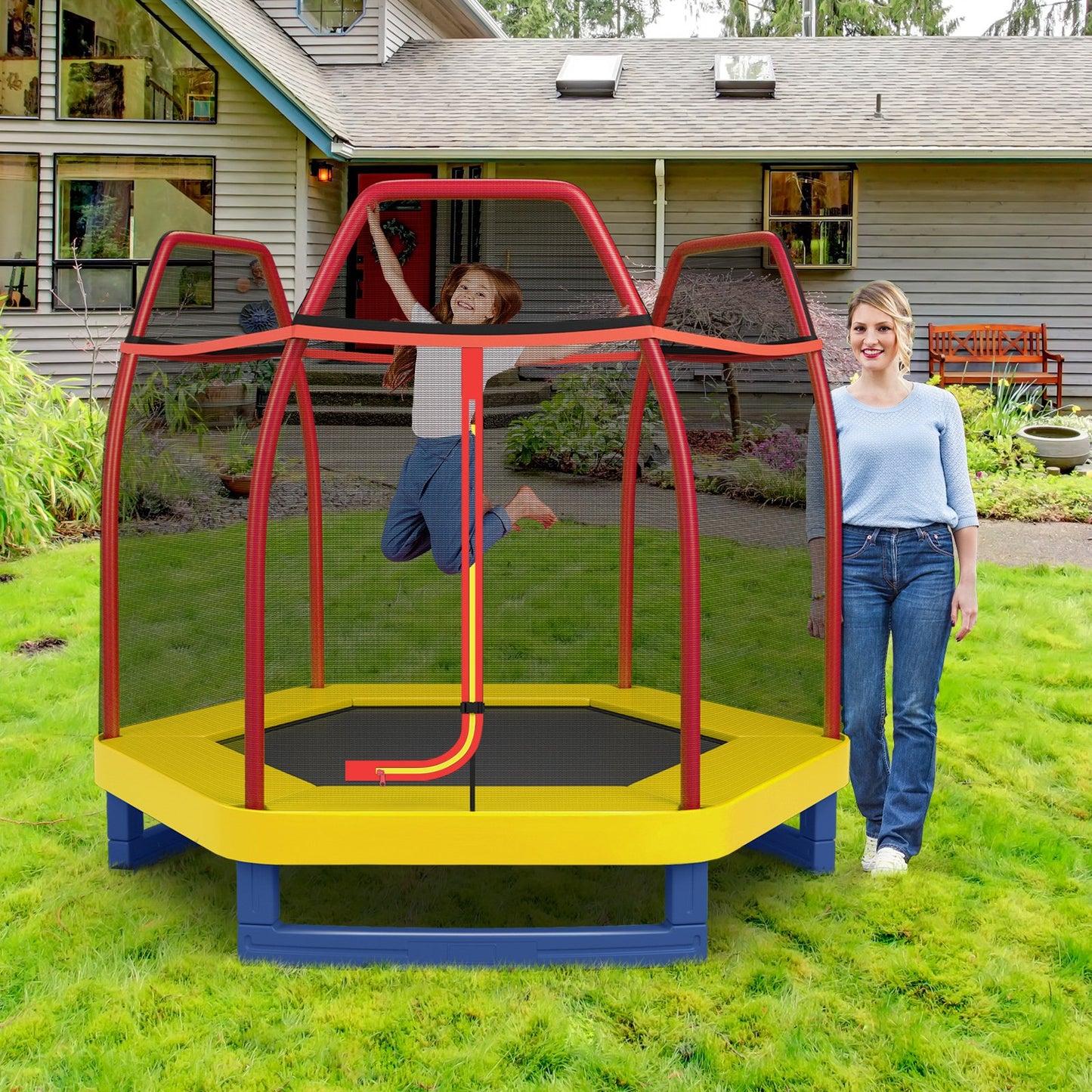 7 Ft Kids Trampoline W/ Safety Enclosure Net-Blue