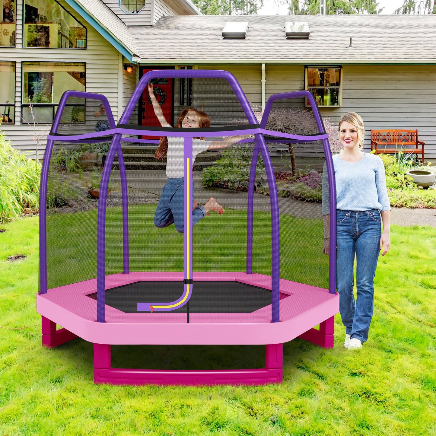 7 Ft Kids Trampoline W/ Safety Enclosure Net-Blue