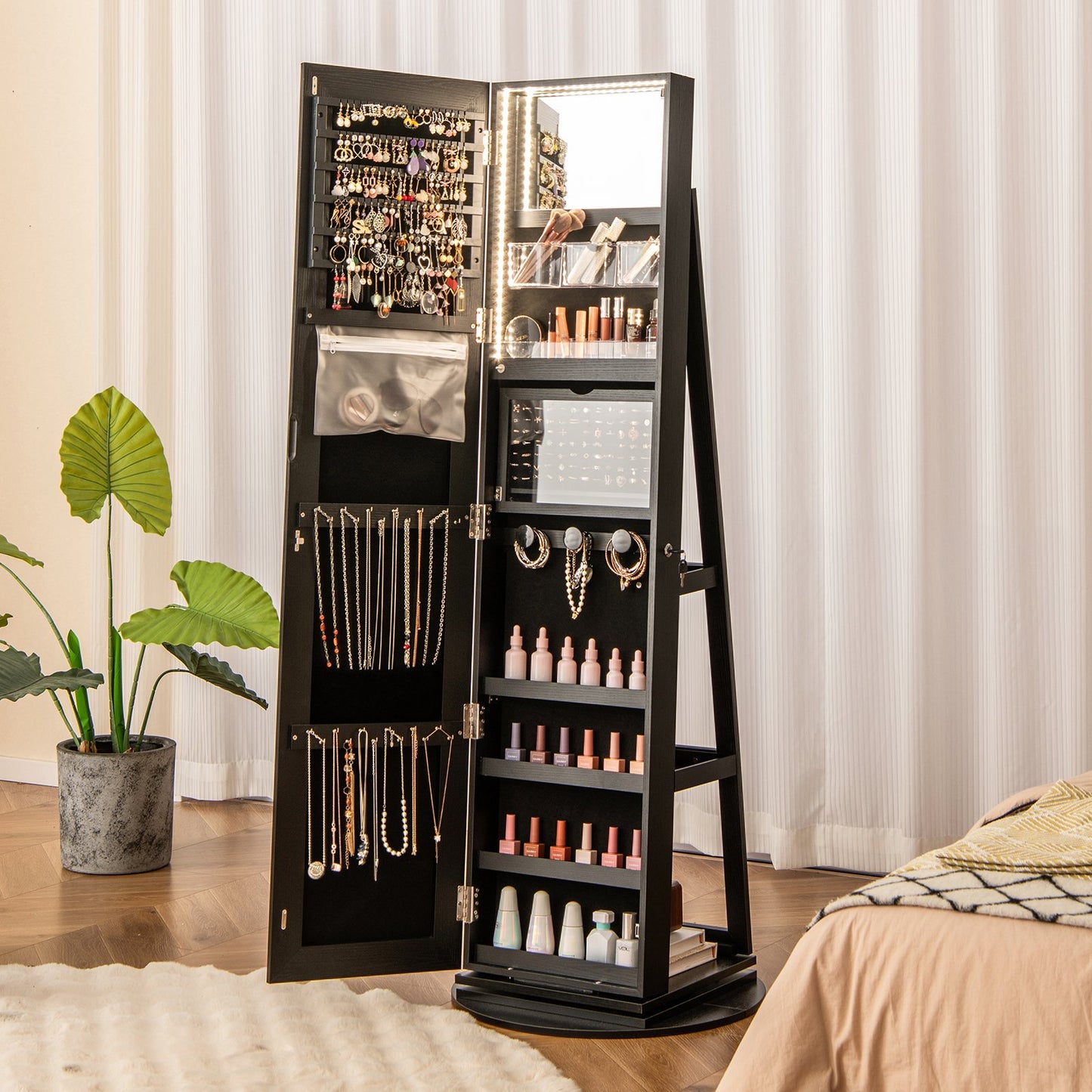 360° Rotating Mirrored Jewelry Cabinet Armoire 3 Color LED Modes Lockable-Black