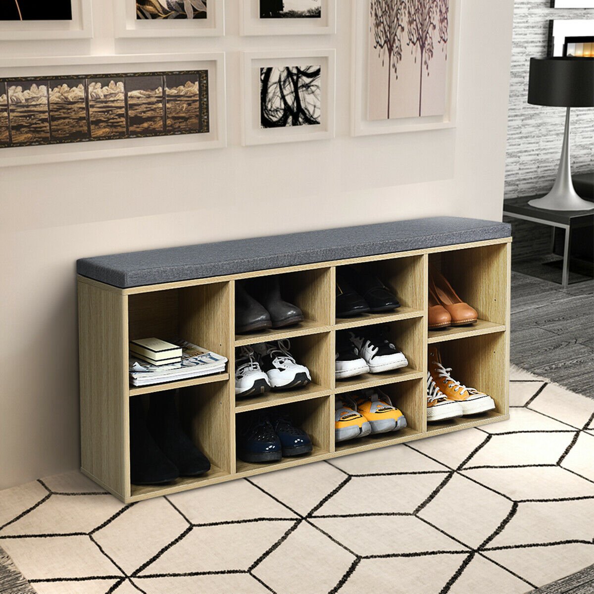 10-Cube Organizer Entryway Padded Shoe Storage Bench-Beige