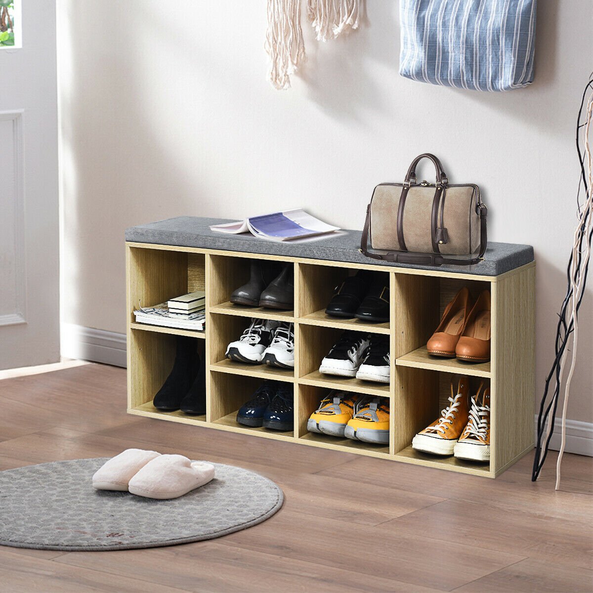 10-Cube Organizer Entryway Padded Shoe Storage Bench-Beige