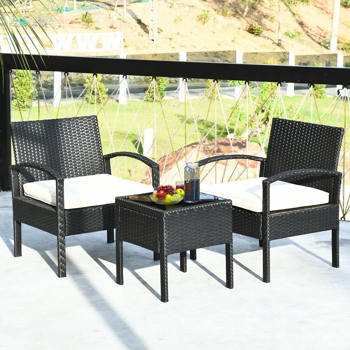 3 Pieces Outdoor Rattan Patio Conversation Set with Seat Cushions-Gray