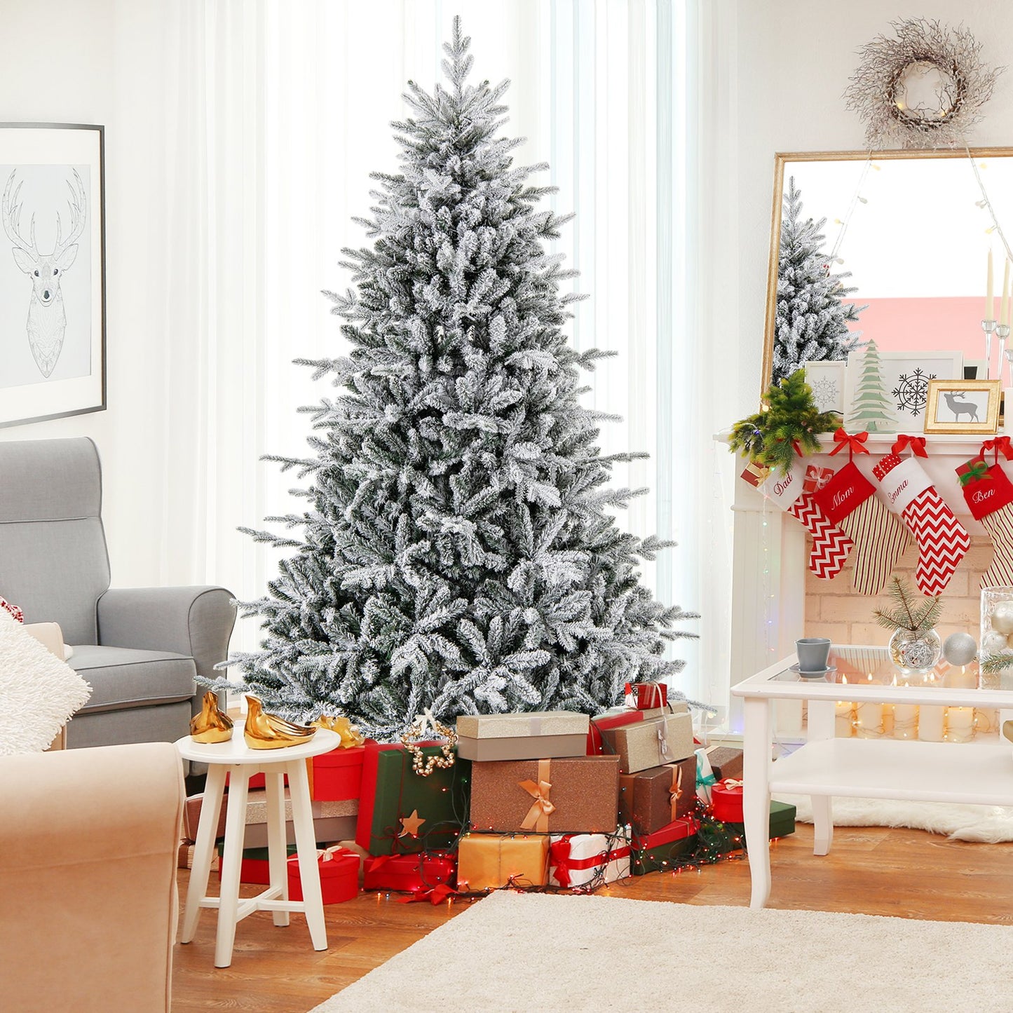 6 Feet Flocked Christmas Tree with 8 Lighting Modes and Multi-Color LED Lights-6 ft