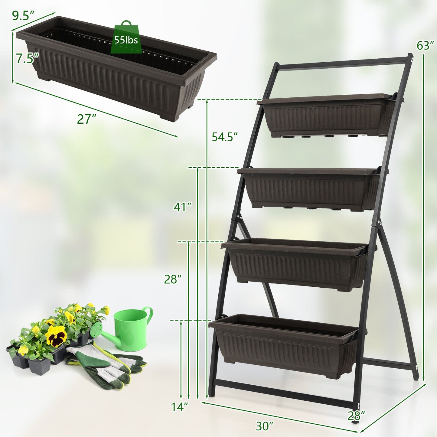 Four-tier vertical raised garden bed with four containers and drainage holes, ideal for outdoor gardening.
