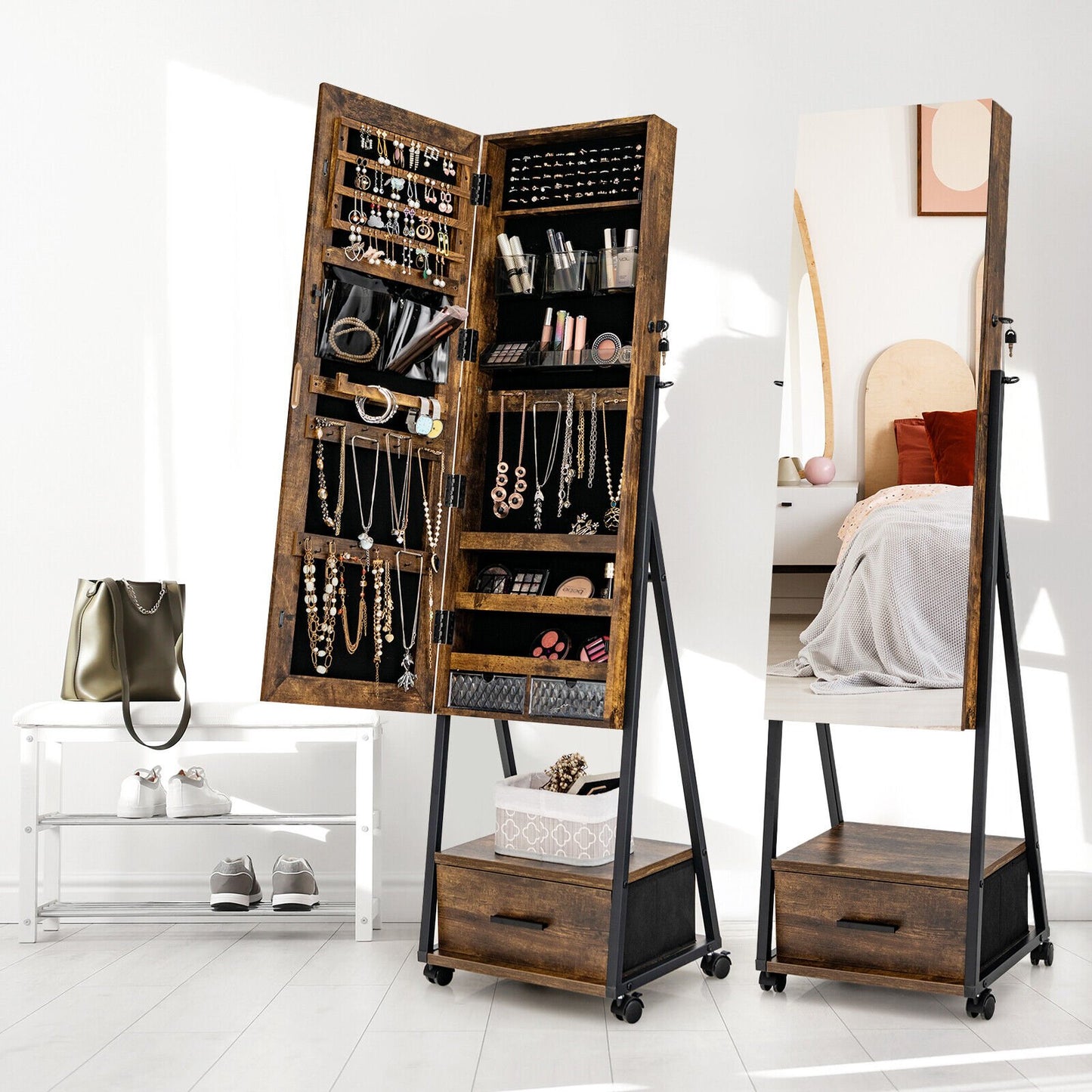 Jewelry Cabinet with Full-Length Mirror-Black