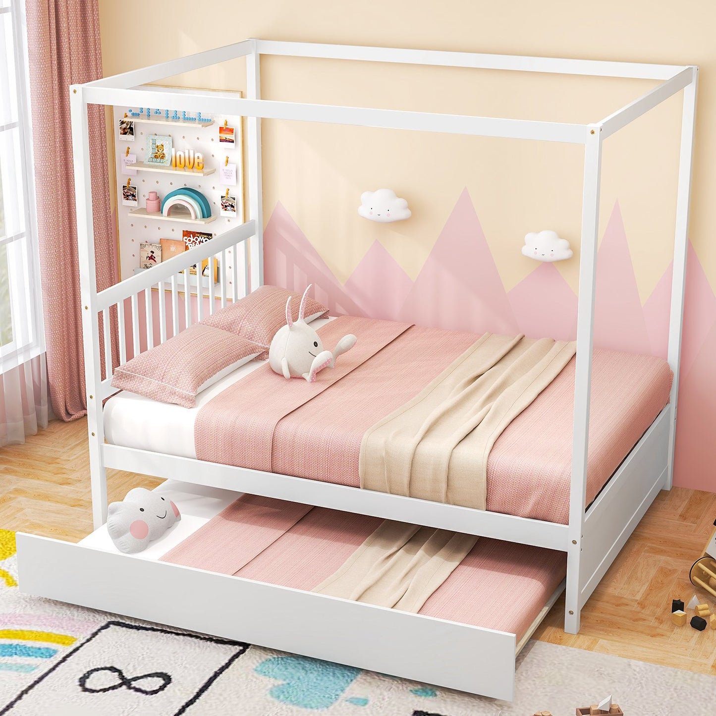 Full Size Canopy Bed with Trundle Wooden Platform Bed Frame Headboard-Gray