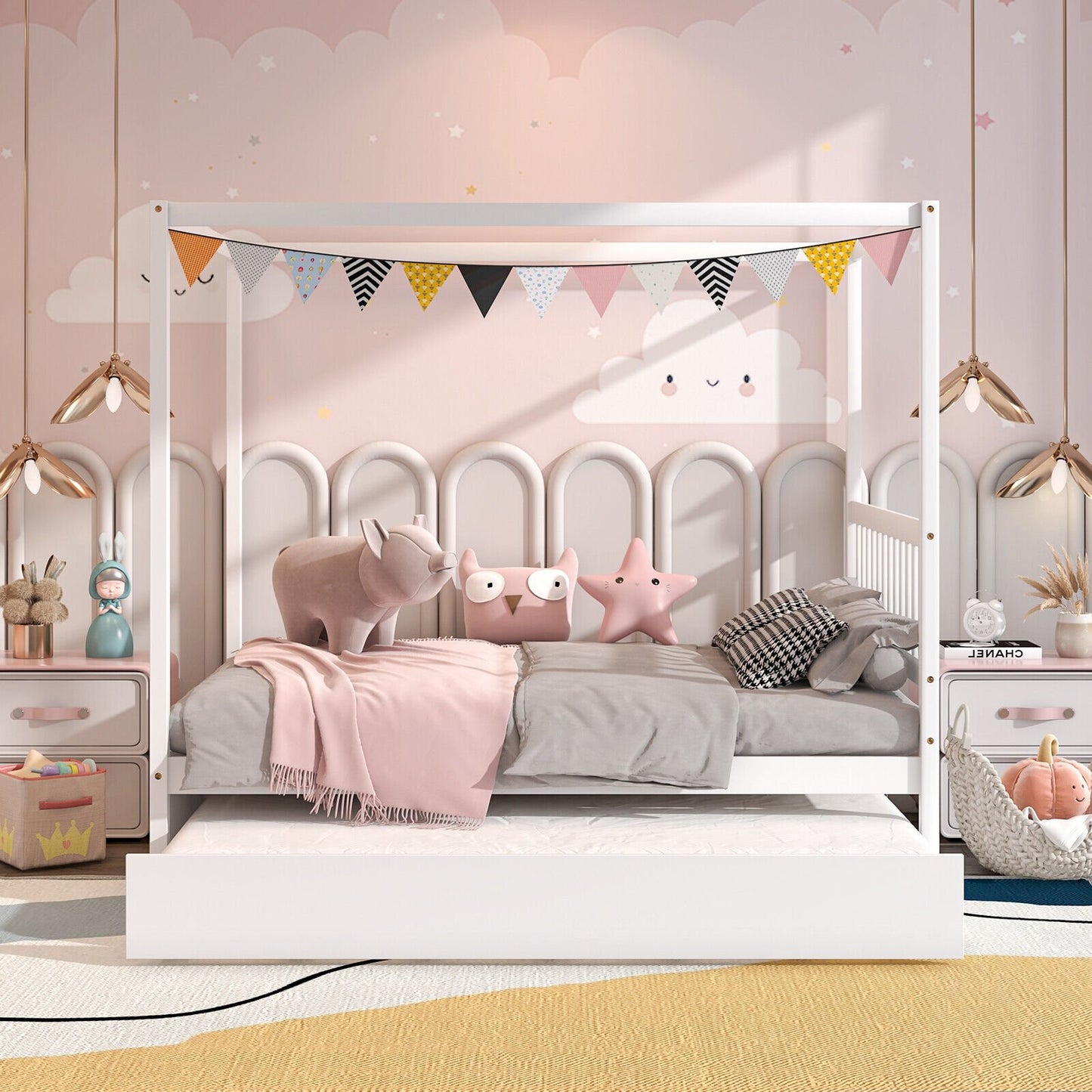 Full Size Canopy Bed with Trundle Wooden Platform Bed Frame Headboard-Gray