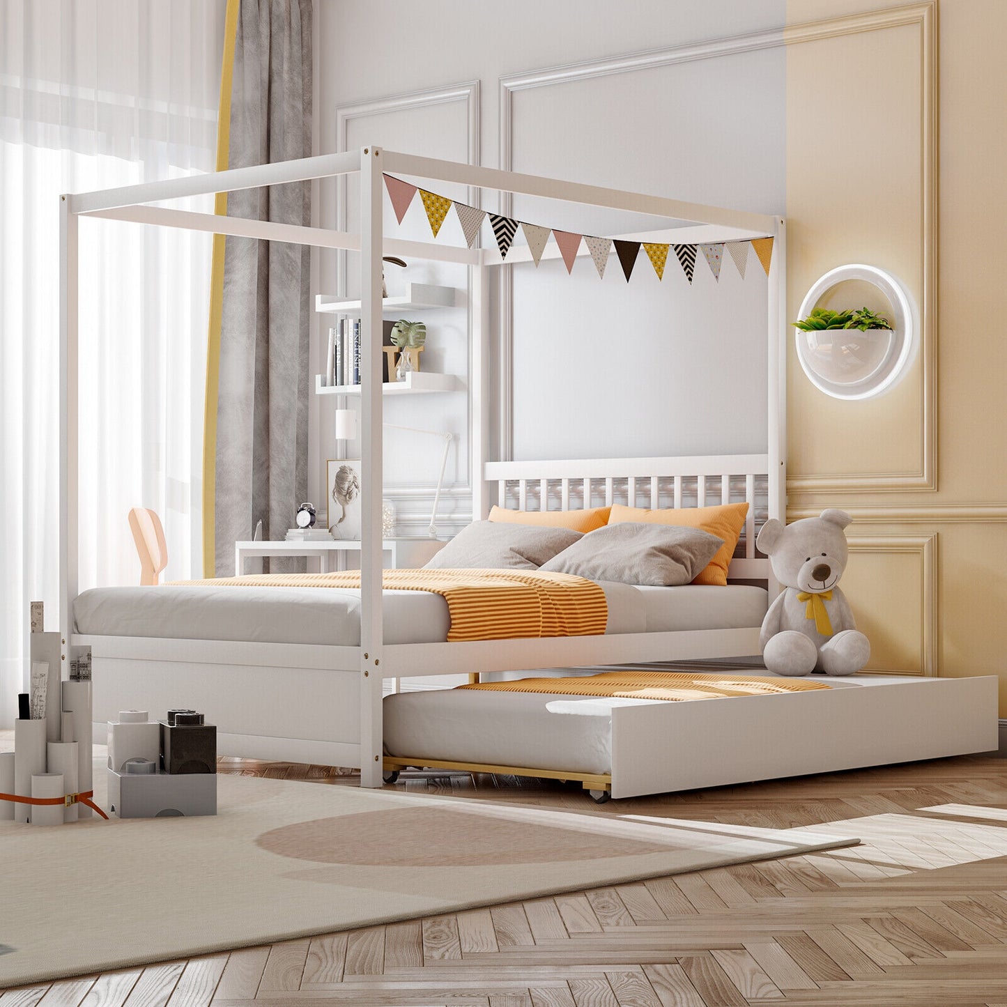 Full Size Canopy Bed with Trundle Wooden Platform Bed Frame Headboard-Gray