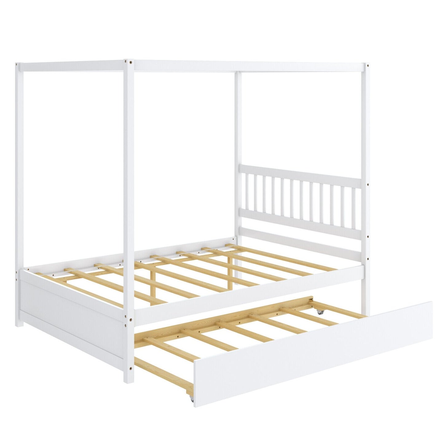 Full Size Canopy Bed with Trundle Wooden Platform Bed Frame Headboard-Gray