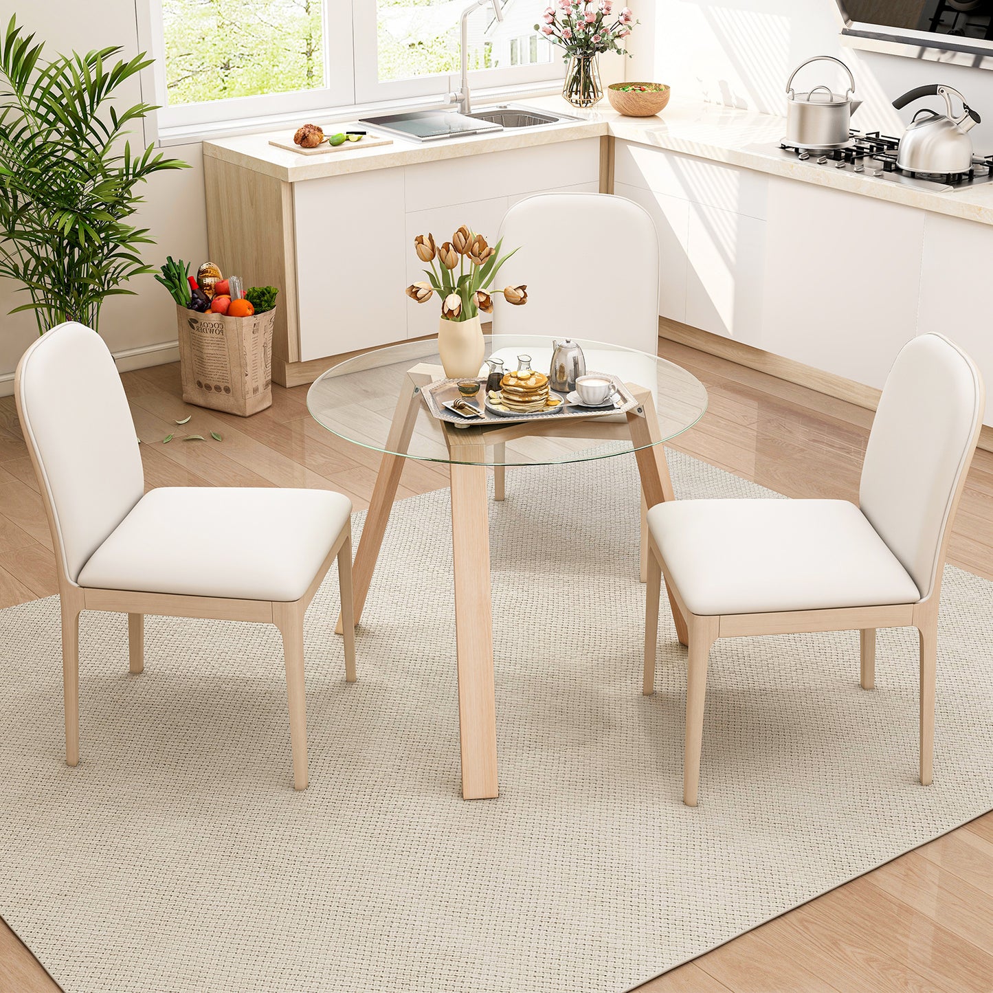 36 Inches Round Glass Dining Table for 4 with Rubber Wood Frame-Black