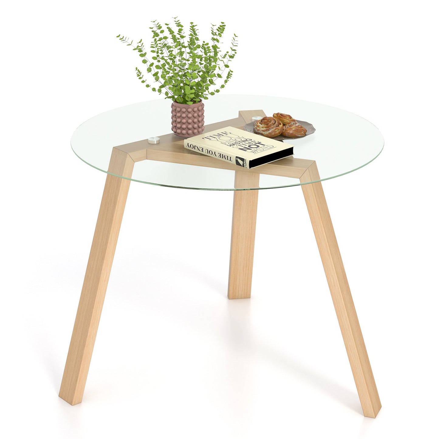 36 Inches Round Glass Dining Table for 4 with Rubber Wood Frame-Black