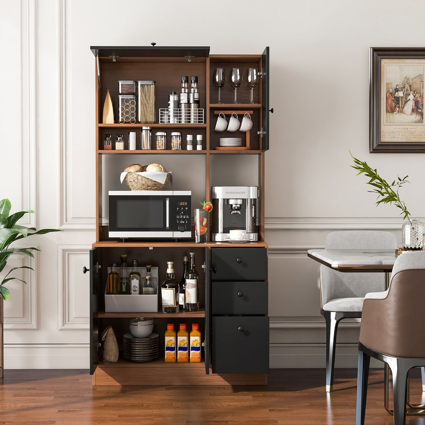 71 Inch Kitchen Pantry with 3 Storage Cabinet and 3 Deep Drawers-Black