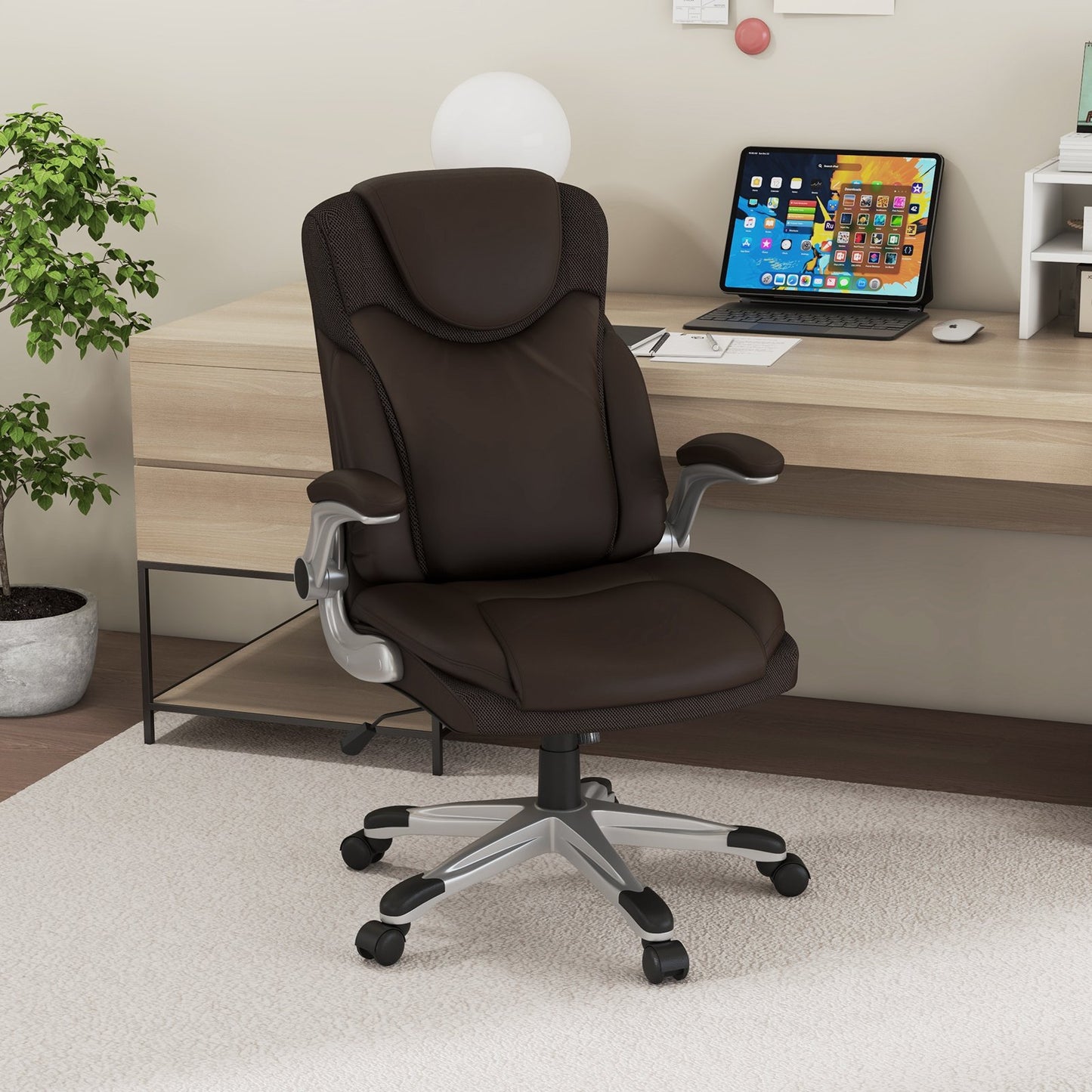 Ergonomic Office PU Leather Executive Chair with Flip-up Armrests and Rocking Function-Black