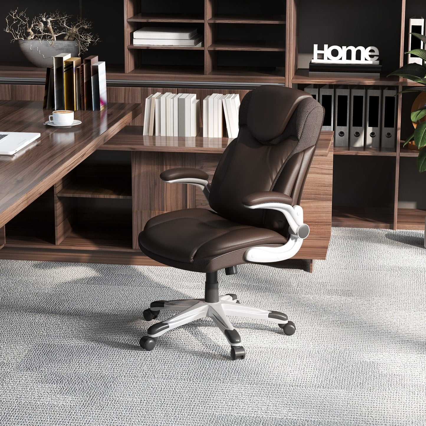 Ergonomic Office PU Leather Executive Chair with Flip-up Armrests and Rocking Function-Black