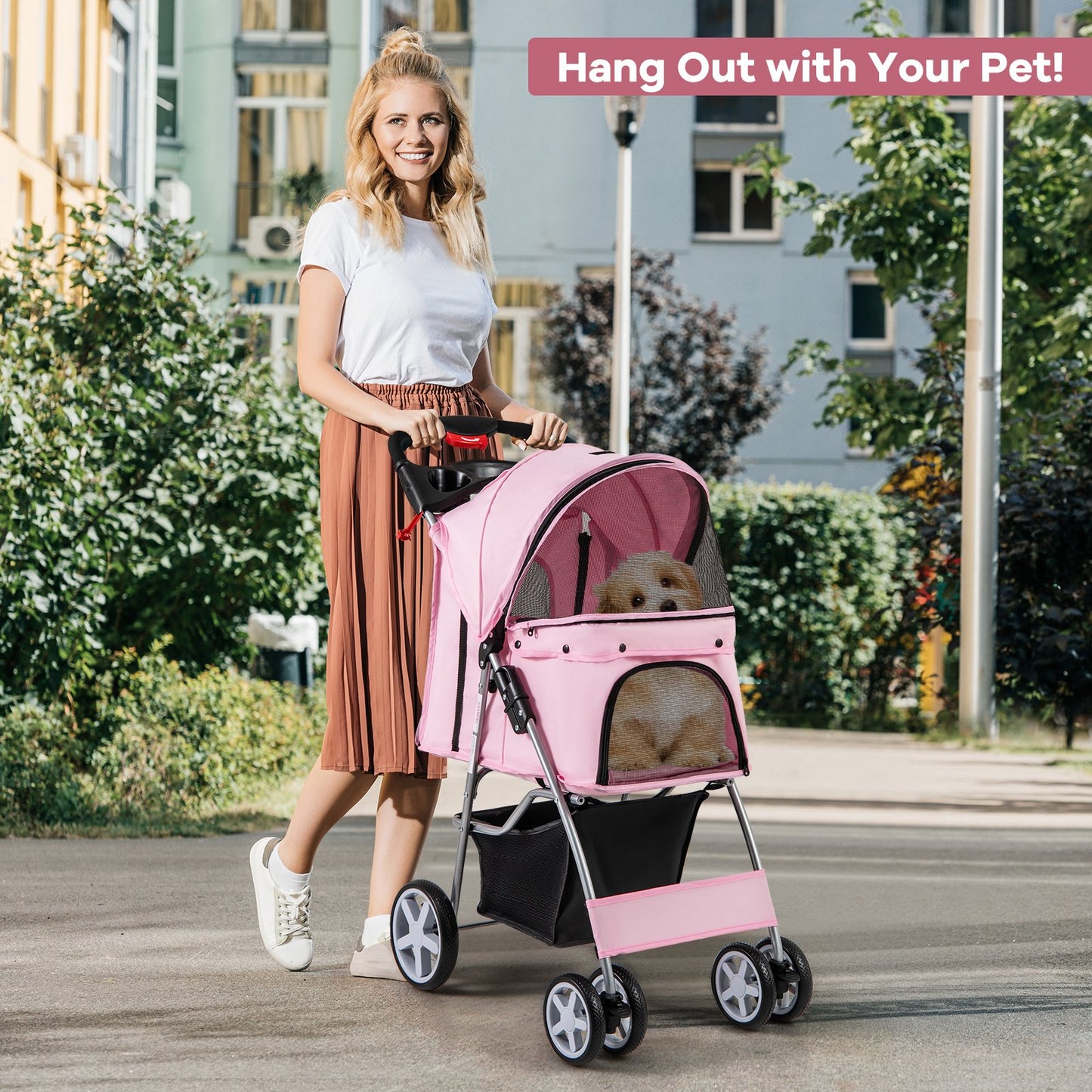 Foldable 4-Wheel Pet Stroller with Storage Basket-Beige