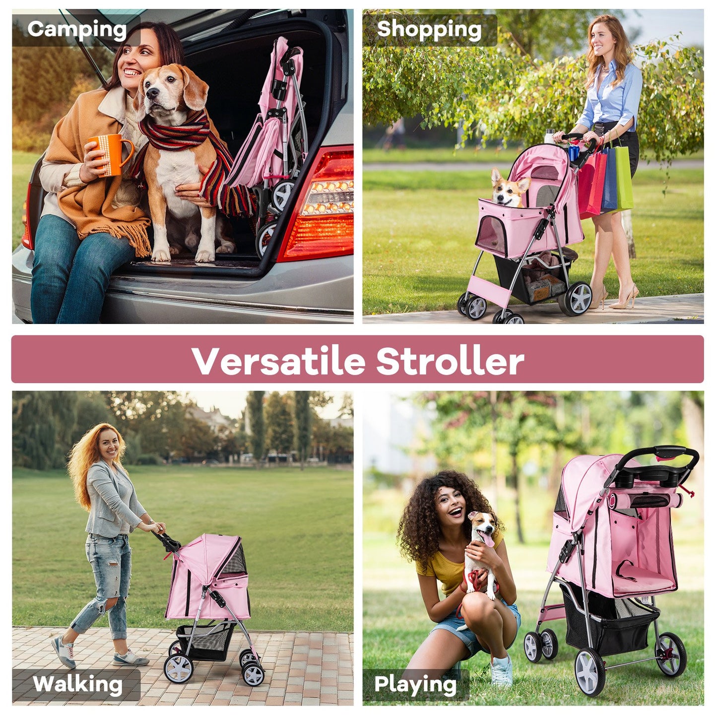 Foldable 4-Wheel Pet Stroller with Storage Basket-Beige