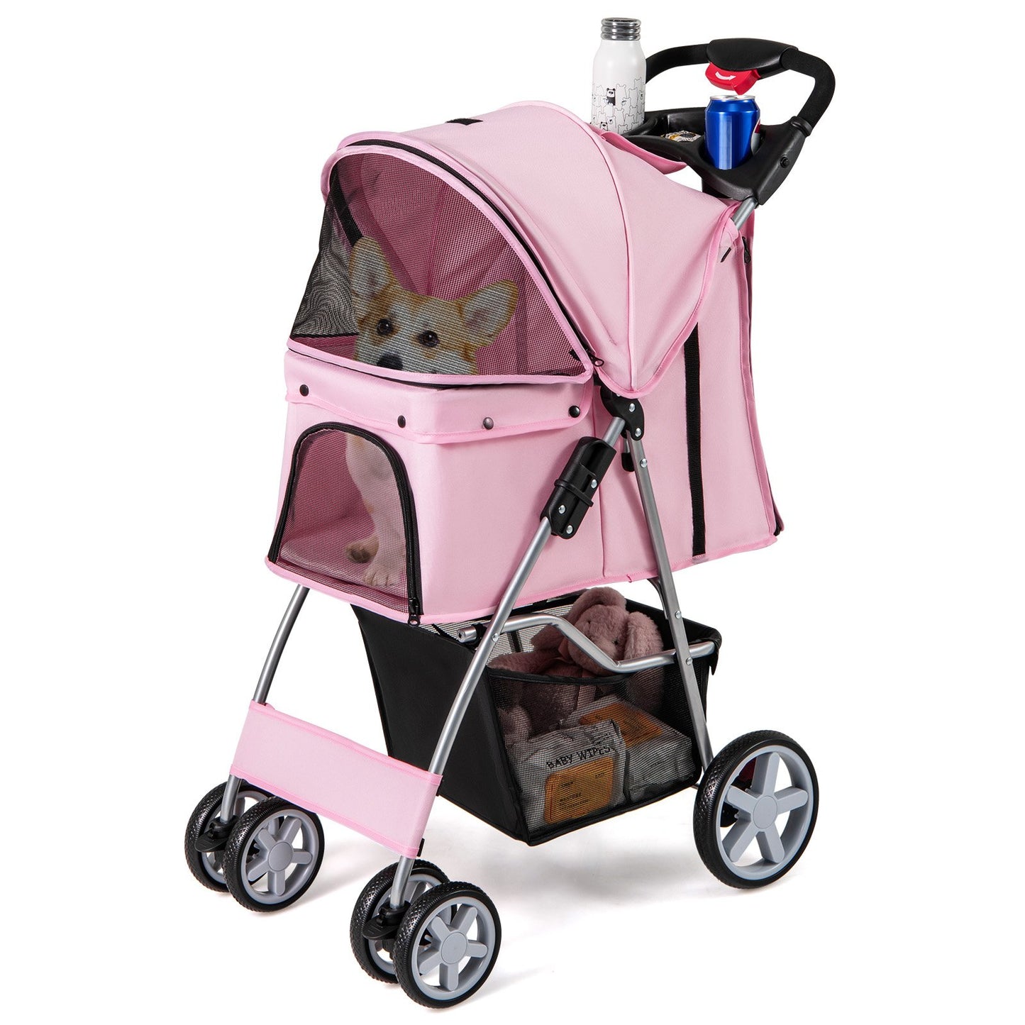 Foldable 4-Wheel Pet Stroller with Storage Basket-Beige