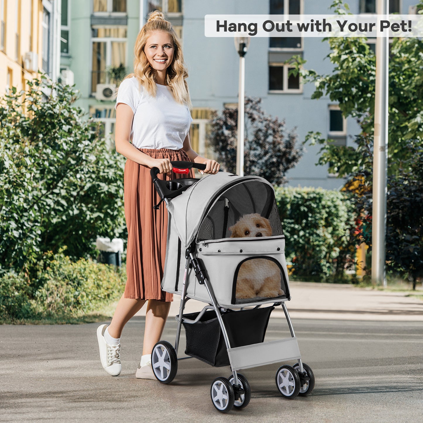 Foldable 4-Wheel Pet Stroller with Storage Basket-Beige