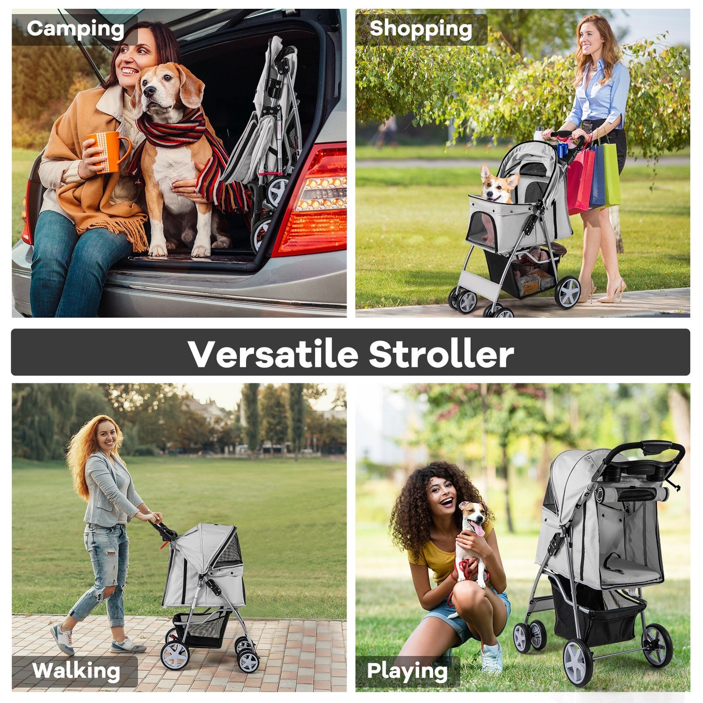 Foldable 4-Wheel Pet Stroller with Storage Basket-Beige