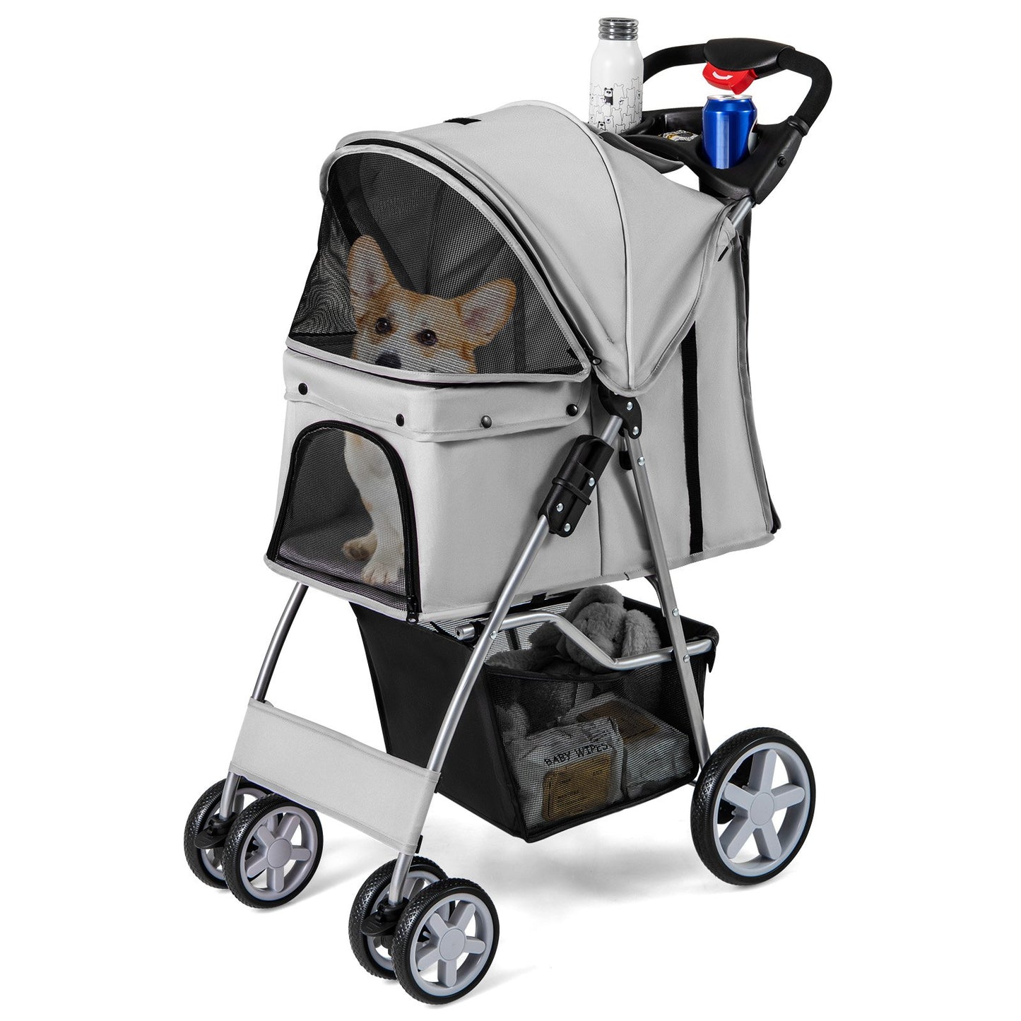 Foldable 4-Wheel Pet Stroller with Storage Basket-Beige