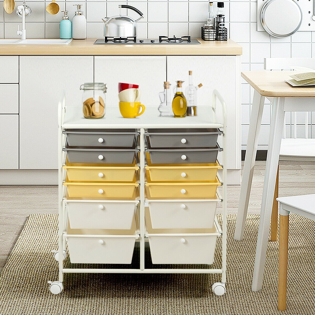 12-Drawer Rolling Storage Cart with Removable Drawers and Lockable Wheels-White